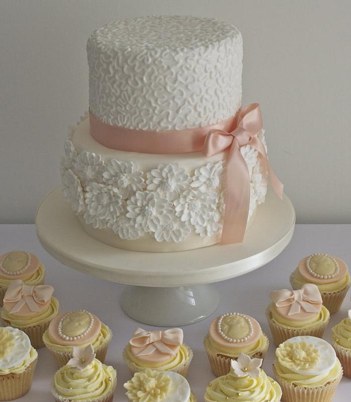 Peach and White Chocolate Wedding Cake and Cupcakes 