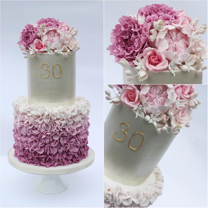 Ombre Pink Ruffle 30th Birthday Cake