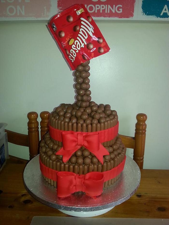 Two tied Malteaser cake