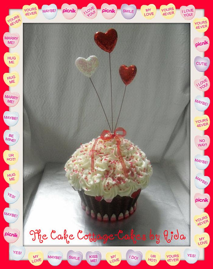 Valentine Giant Cupcake with hearts.