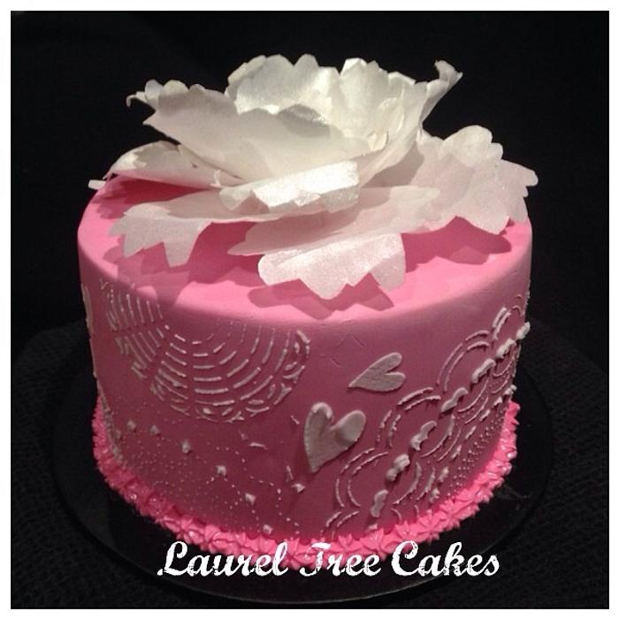 Simple stencilled cake with Wafer Peony