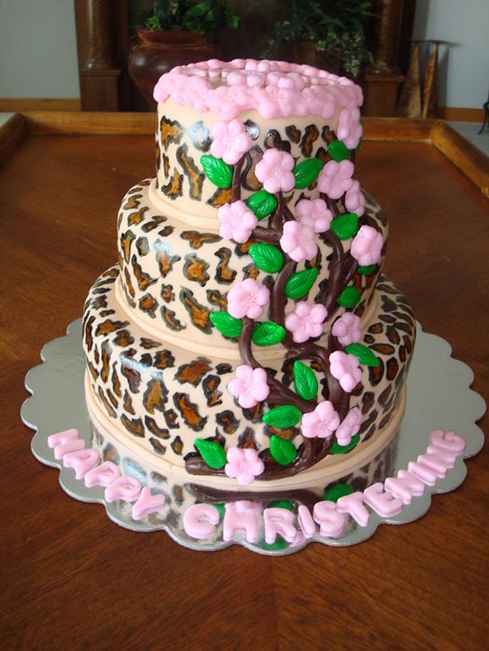 Leopard & Apple Blossom Christening Cake 