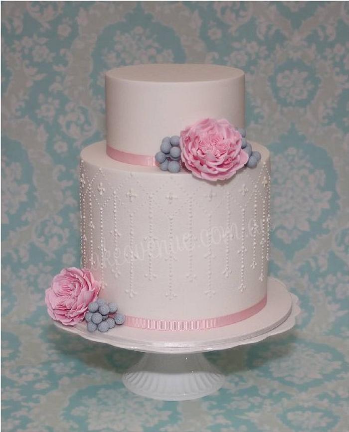 Pink Austin Rose & Silver Brunia Wedding Cake