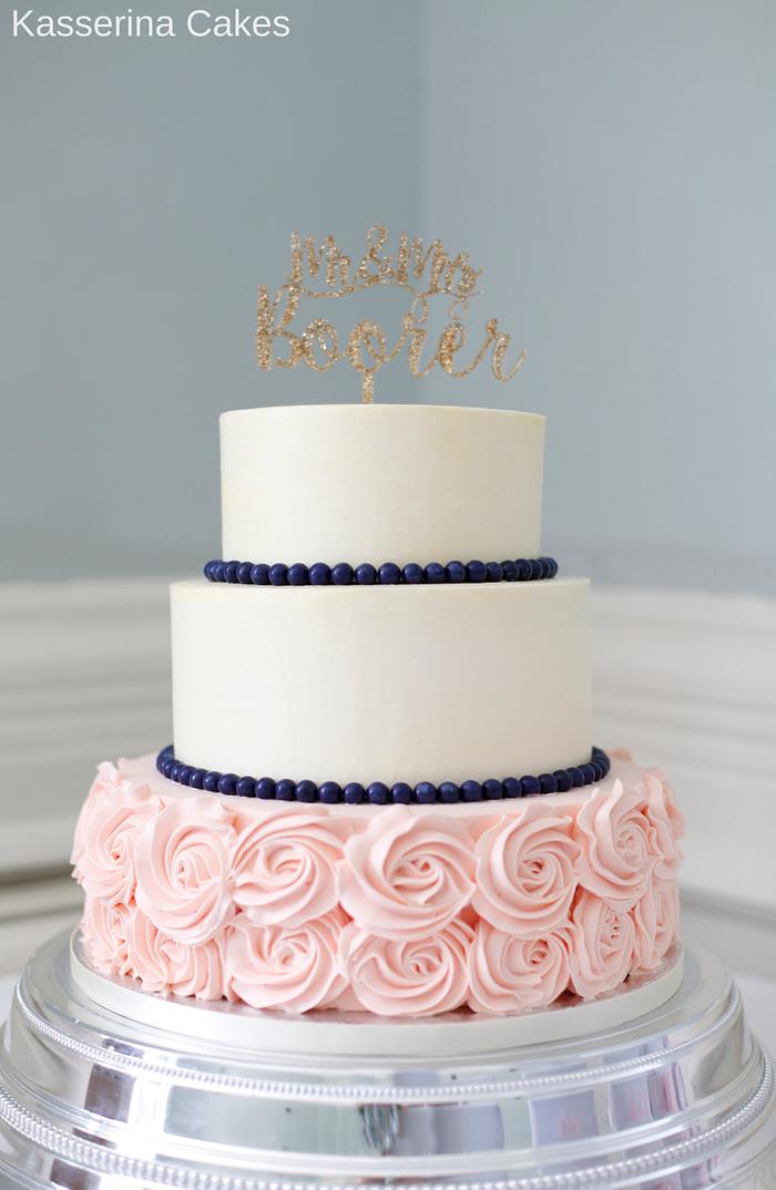 Blue and blush buttercream wedding cake