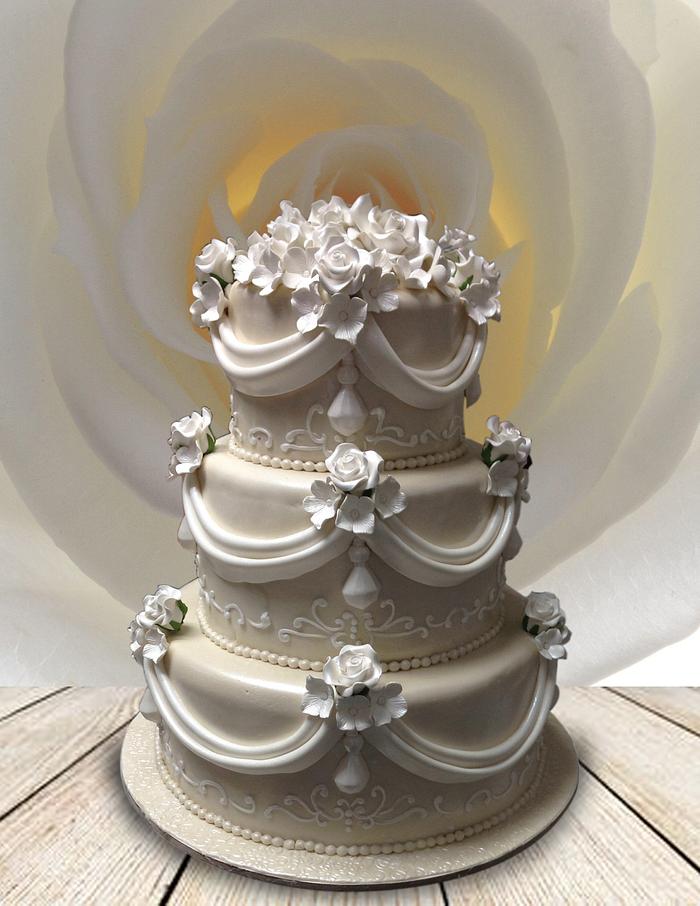 Ivory & White Floral Wedding Cake