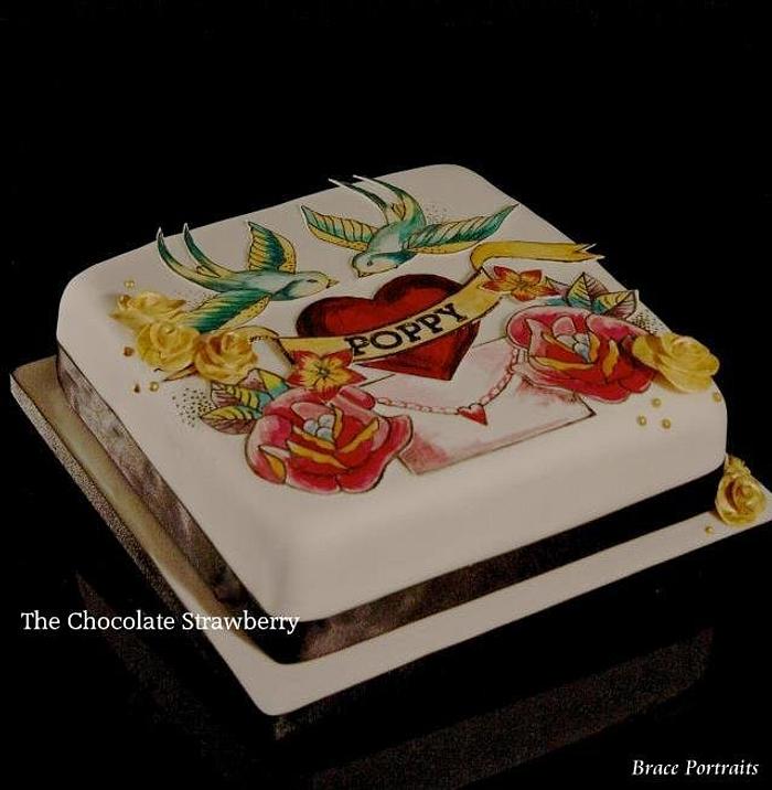 Hand painted tattoo cake with 3D gold roses