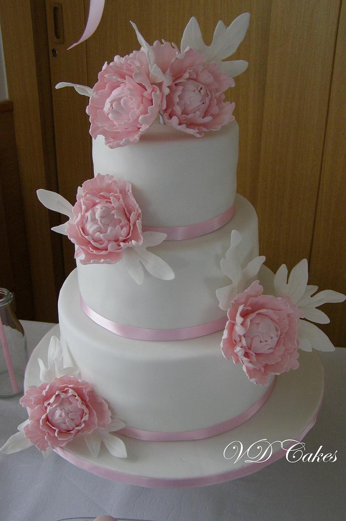 Pink peony wedding cake