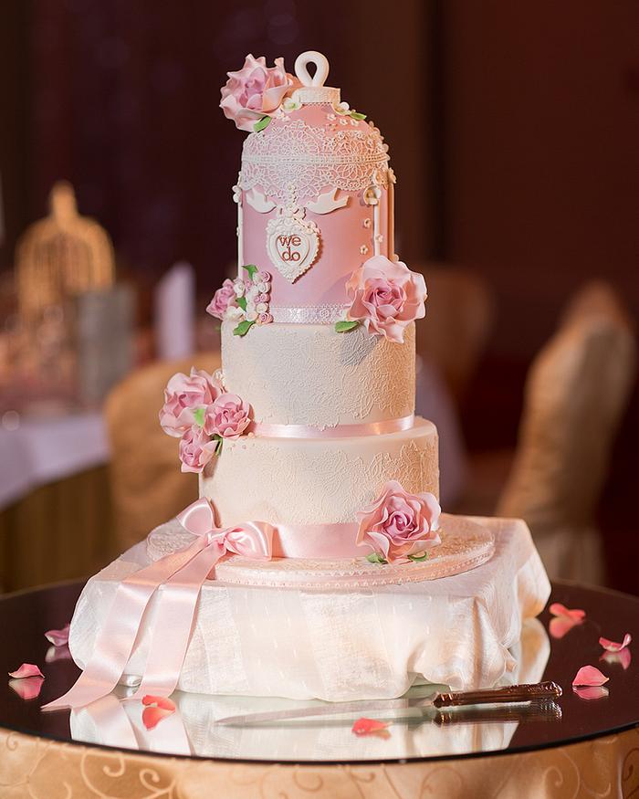 Romantic birdcage wedding cake
