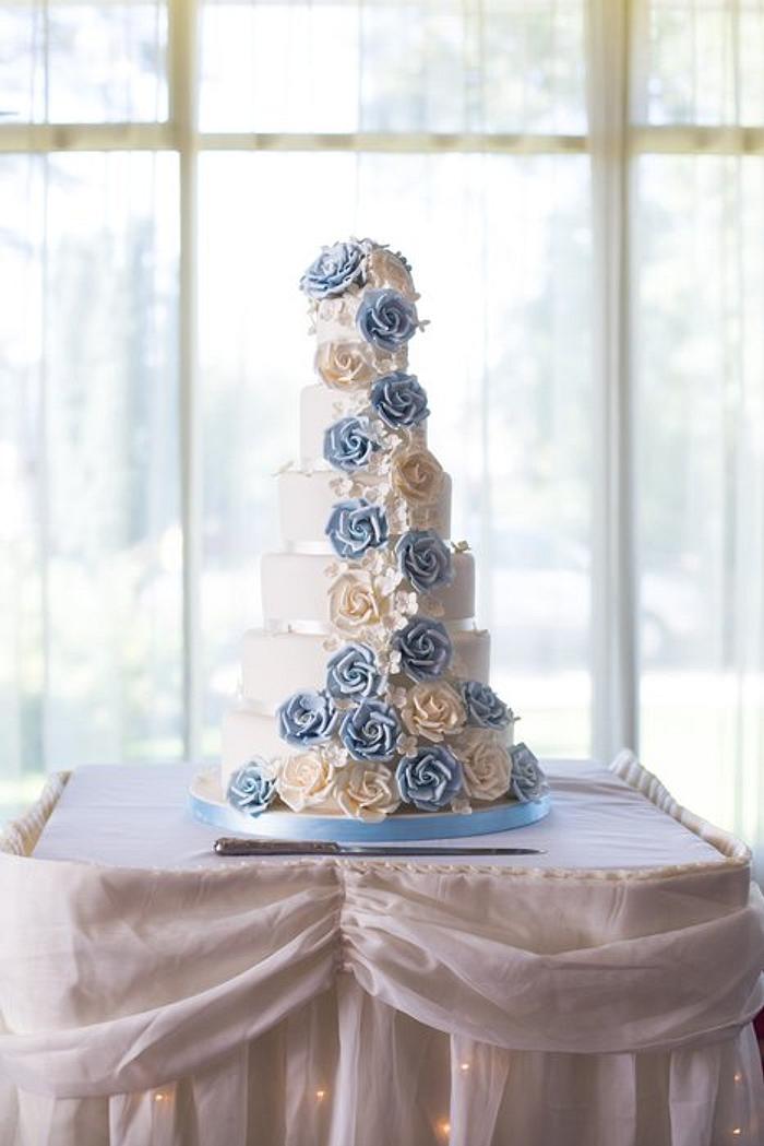 Ivory and Baby blue 6 tier roses cascade