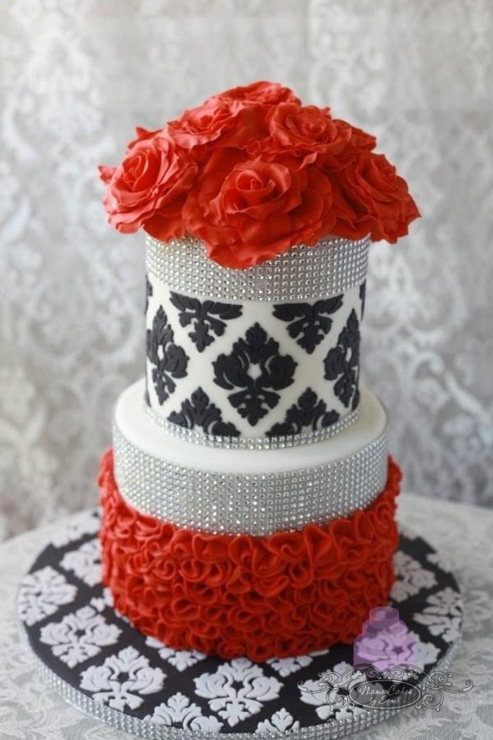 Black, white, and red damask wedding cake