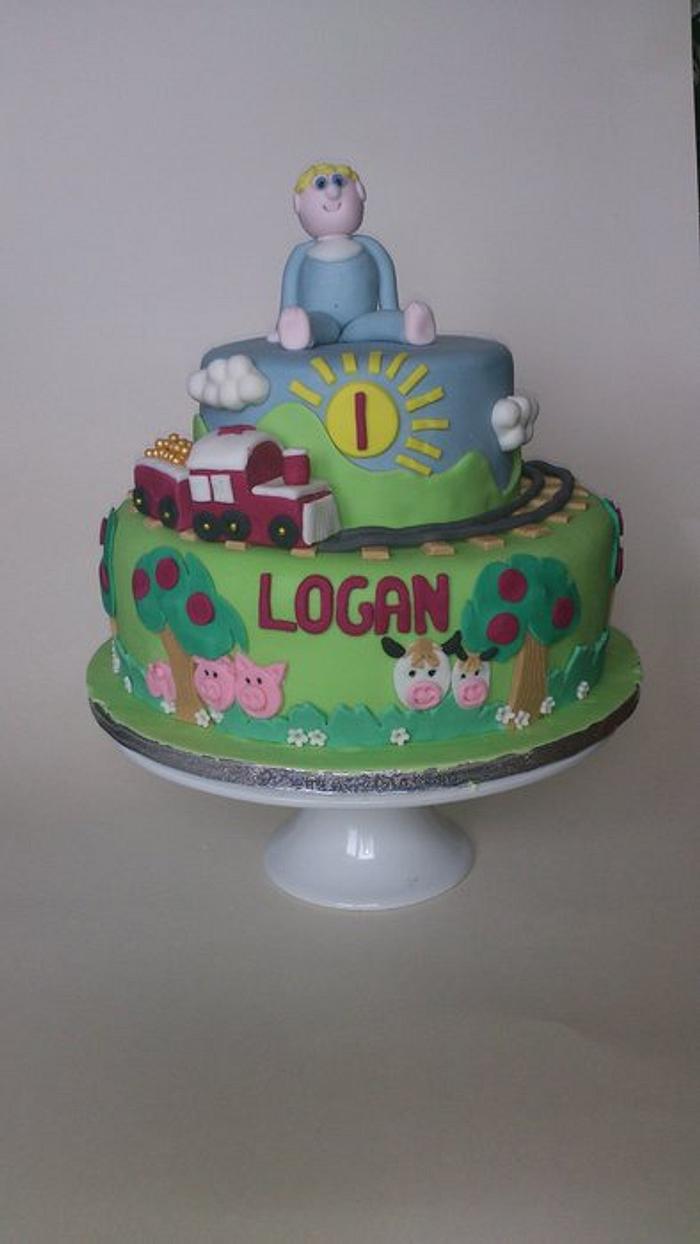 Farm & Train 1st Birthday Cake