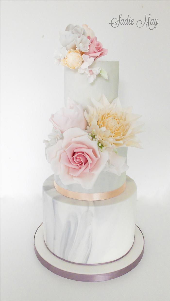 Grey Marble and Spring Colours Wedding cake 