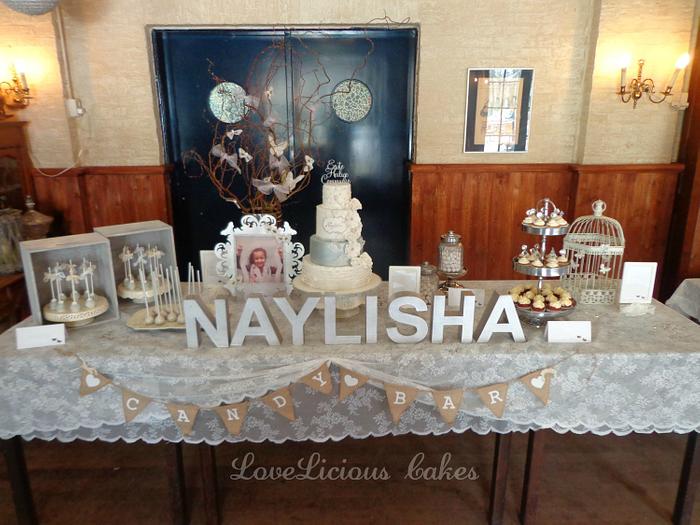 White and silver butterfly sweet table