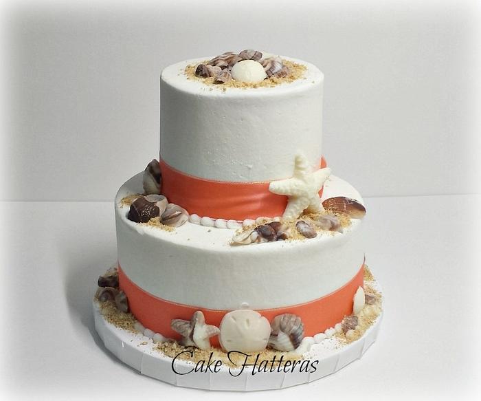 Beach Wedding Cake with Coral Ribbon