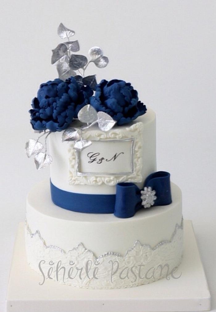 Blue Peony Wedding Cake