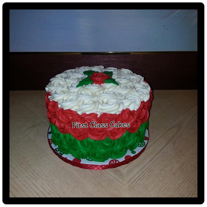 White, Red, Green Rosette Cake