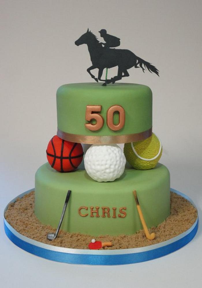 Multi Sports cake - golf, hockey, tennis, basketball, table tennis and horse racing