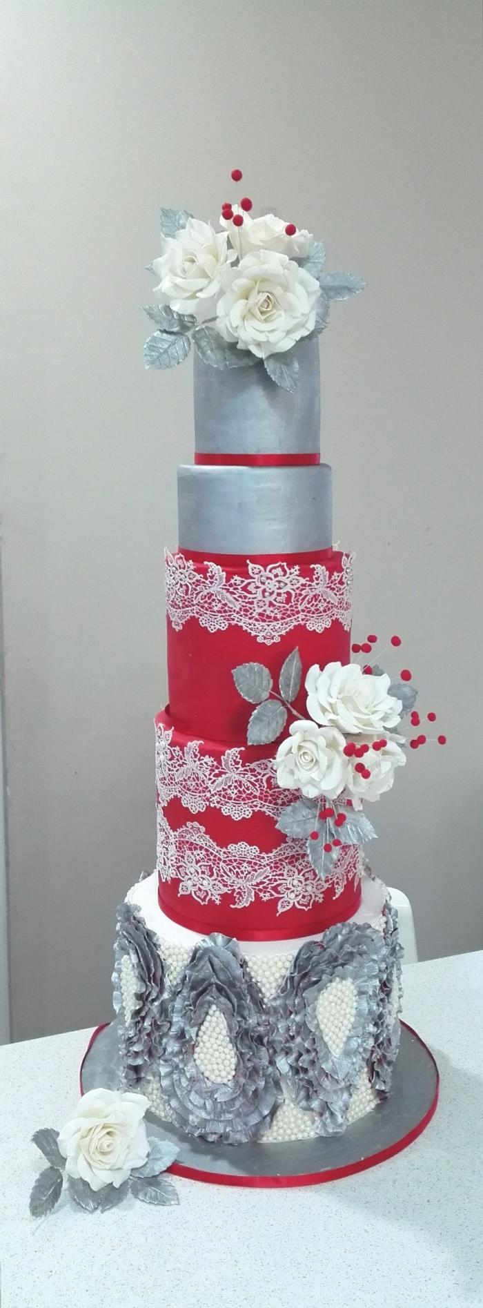 Wedding cake in red, silver and pearls