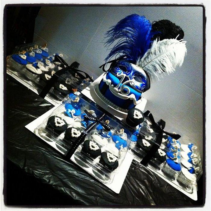 Sweet 16 Masquerade cake and cupcakes