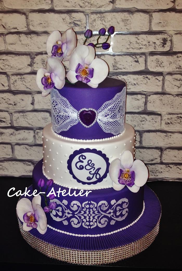 Wedding cake with lace and orchids
