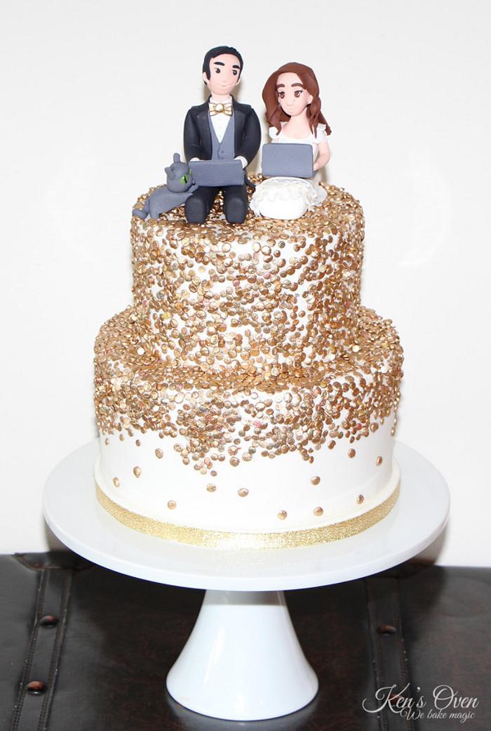 Gold Sequins Wedding Cake with Gumpaste Toppers