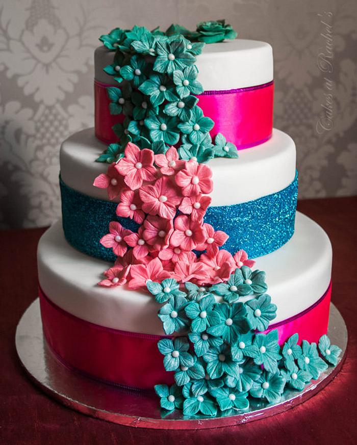 Pink & Turquoise Flower Cascade 3 Tier Cake