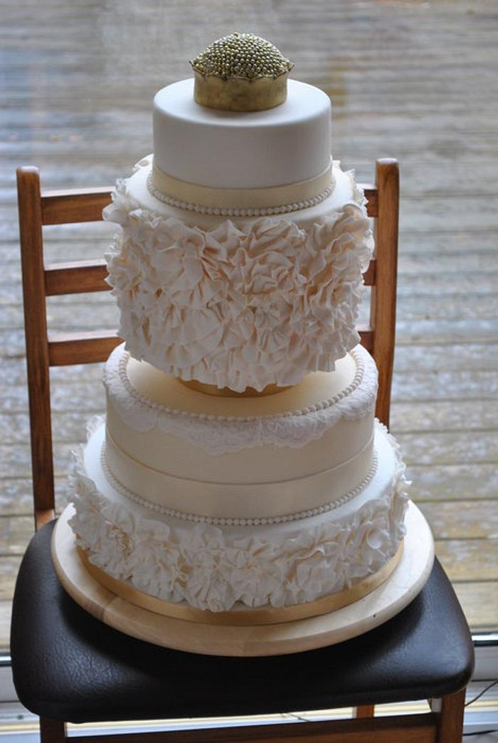 Ivory and Gold Ruffle  Wedding Cake