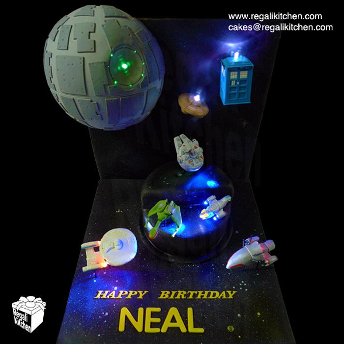 Geeky Space Battle Cake with Lights