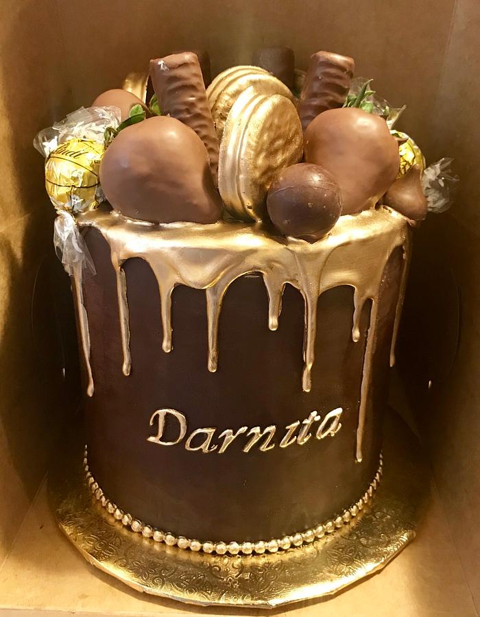 Chocolate and gold drip cake