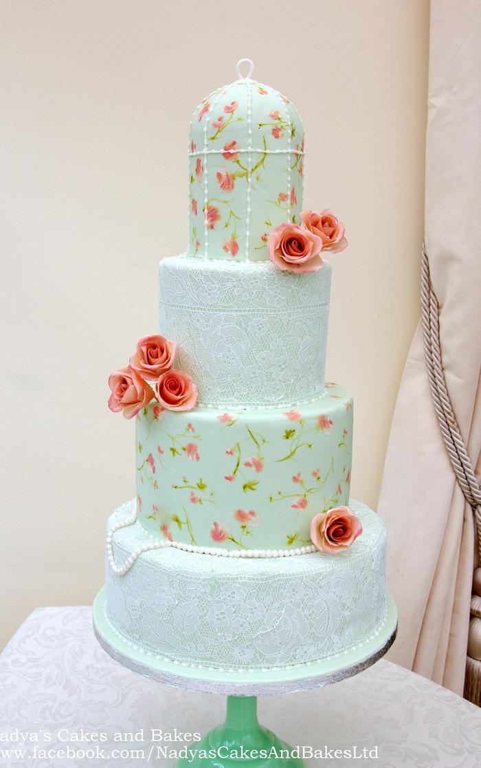 Painted birdcage and lace cake