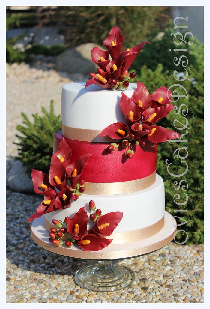 bordeaux calla lilies wedding cake