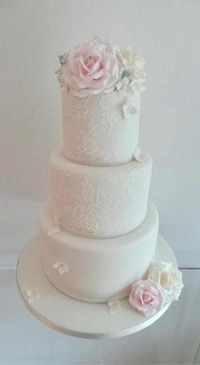 Blush Roses & Lace Wedding Cake