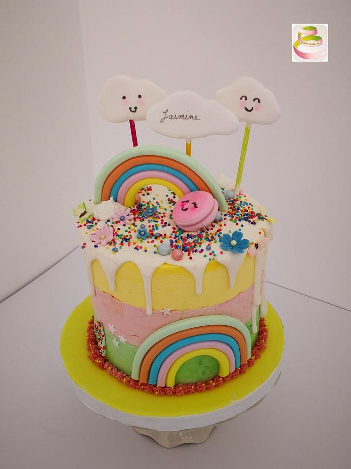 Clouds and Rainbow Drip Cake