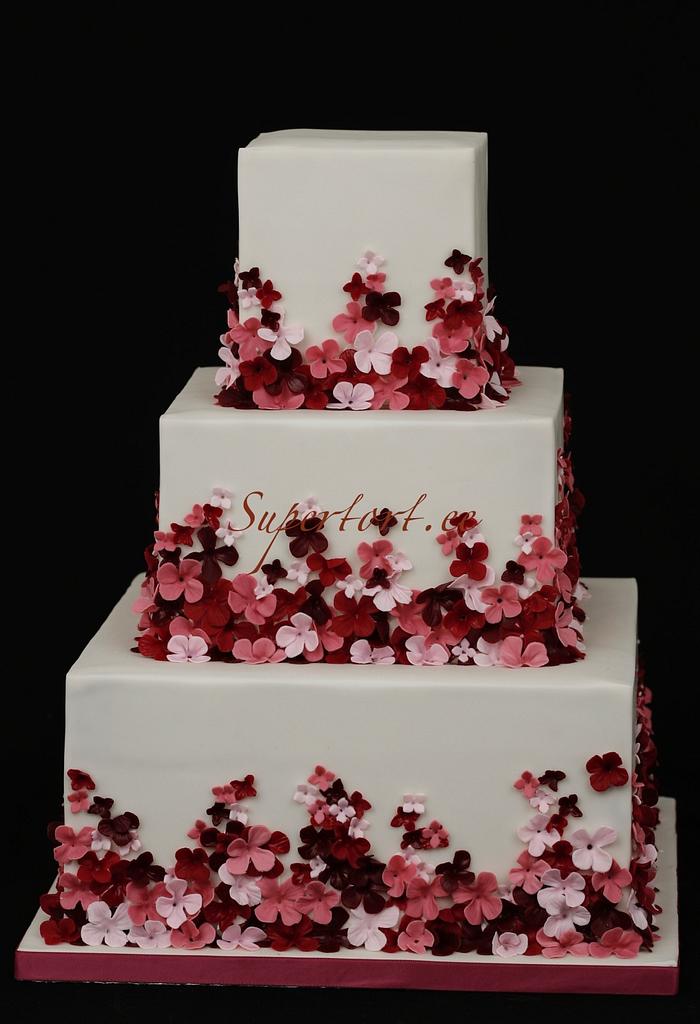 Red, rose and pink hortensia wedding cake