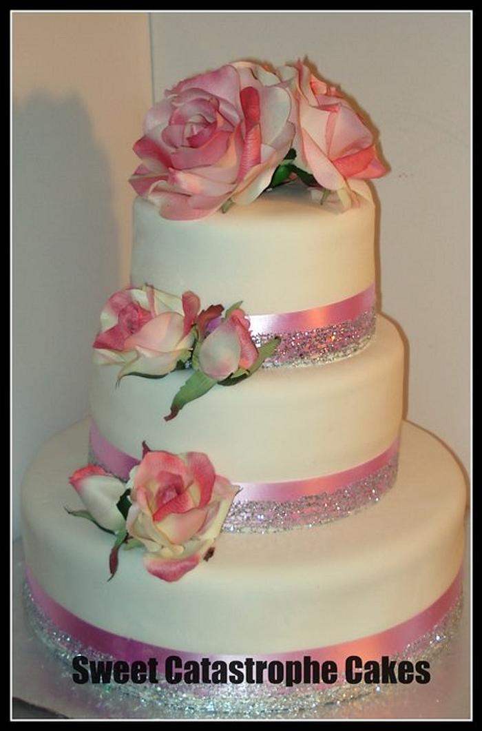 3 tier round Wedding Cake with pink roses