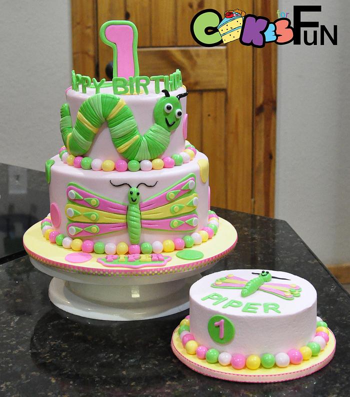 Butterfly and caterpillar First Birthday Cake