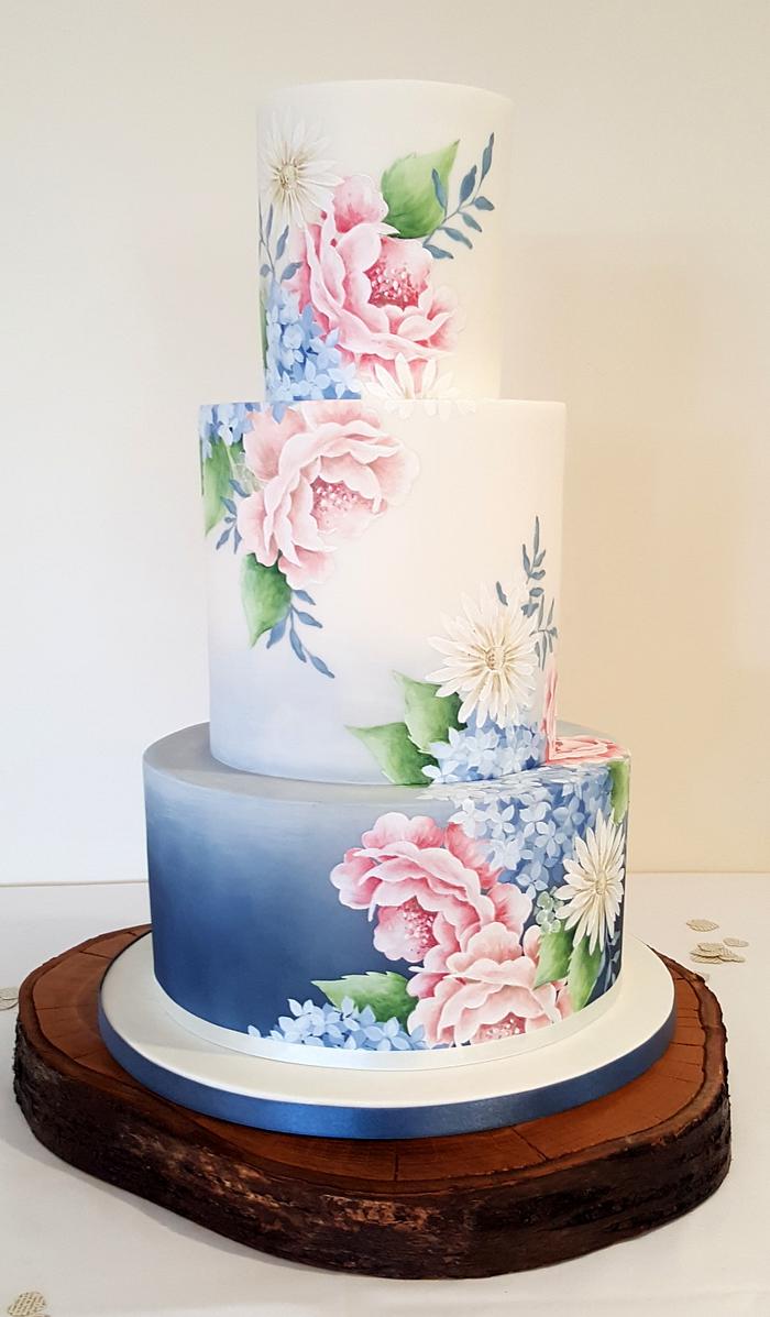Grey/blue ombre with hand painted flowers