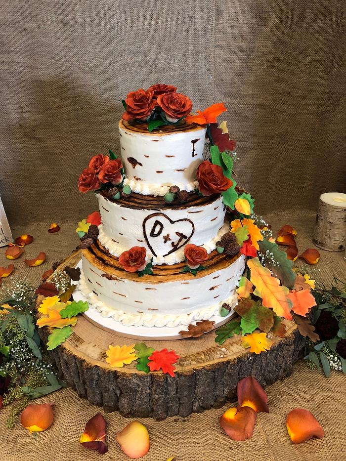 Fall Themed Birch Tree Wedding Cake