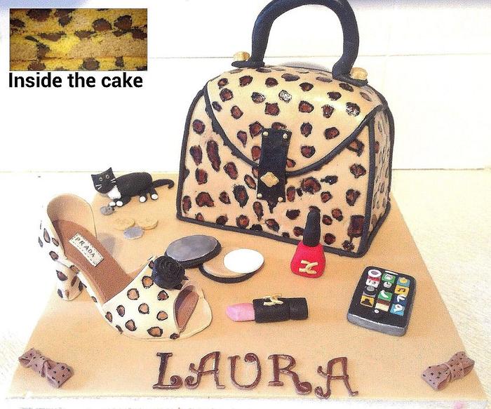 Handbag, shoe and make up with leopard print sponge