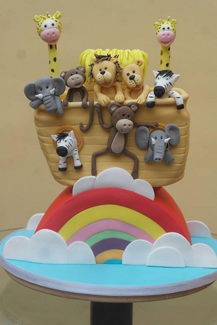 Noahs Ark and Rainbow tiered Christening Cake