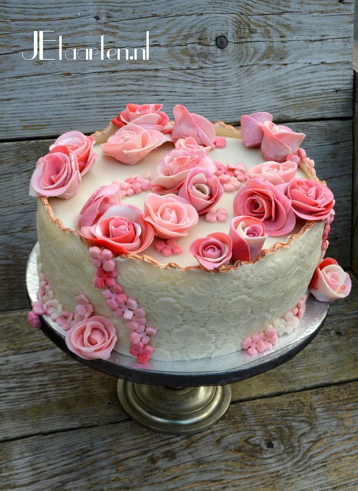 birthday cake, sweet roses and lace