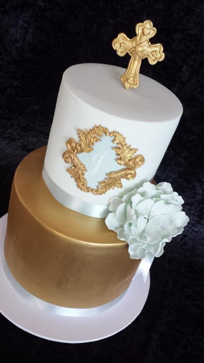 gold christening cake