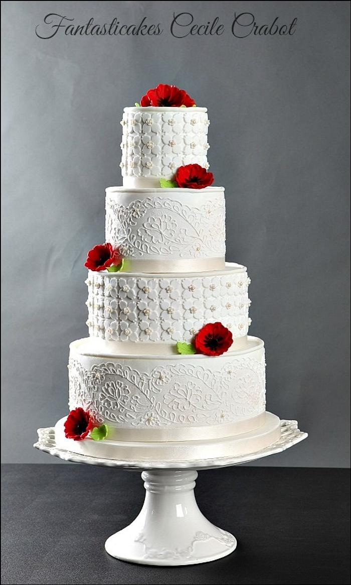 Poppies and Lace Wedding Cake