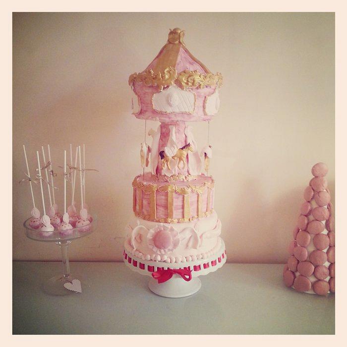vintage style pink macaron carousel birthday cake.
