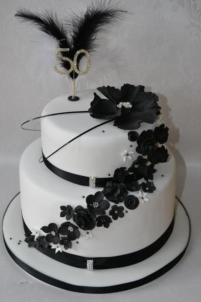 50th birthday black and white tiered cake
