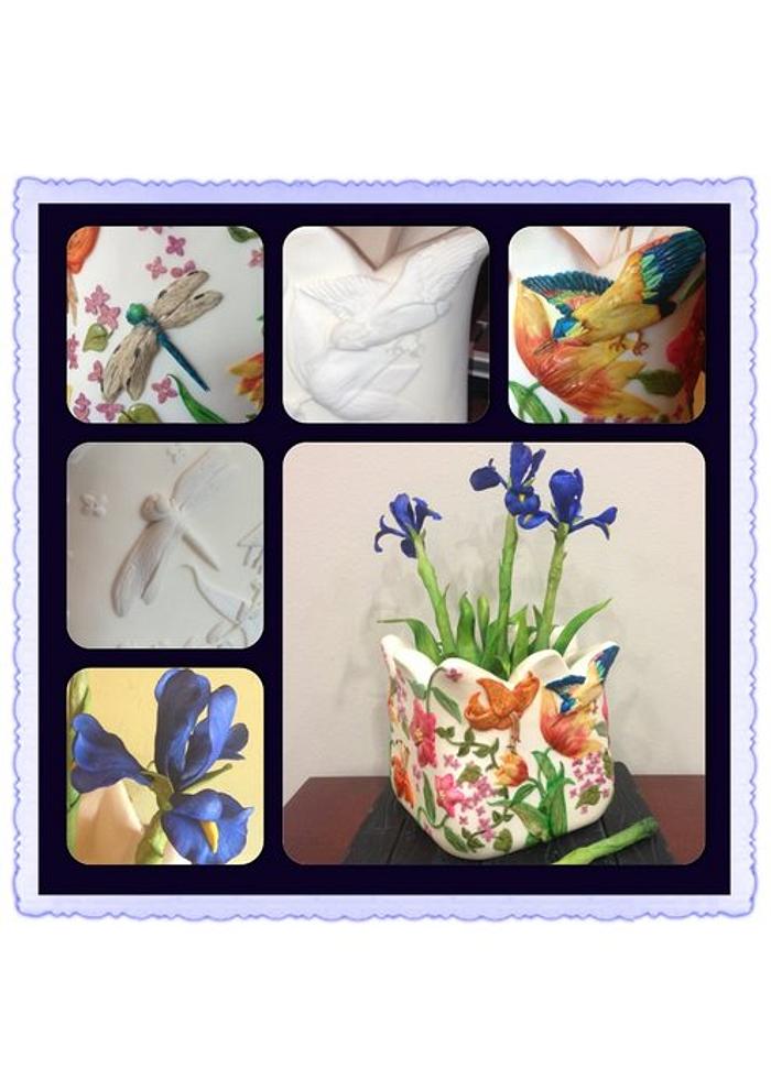 Hand painted pot & iris flowers