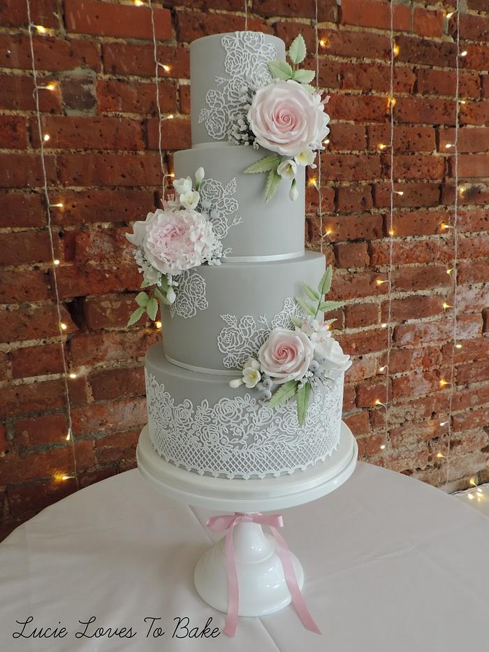 Grey and Pink Floral Lace Wedding Cake