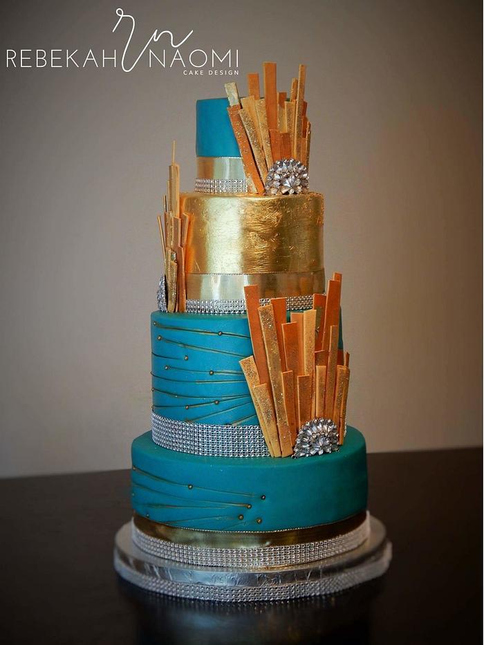 Teal and Gold Art Deco Wedding Cake
