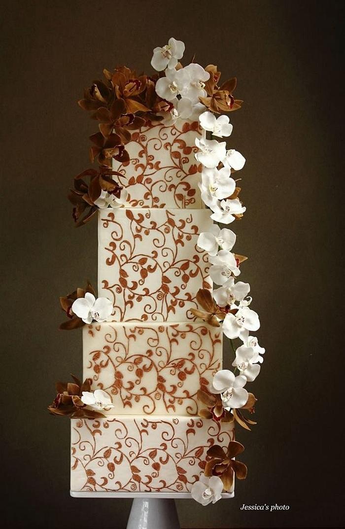 Bronze Lace Orchid Wedding Cake