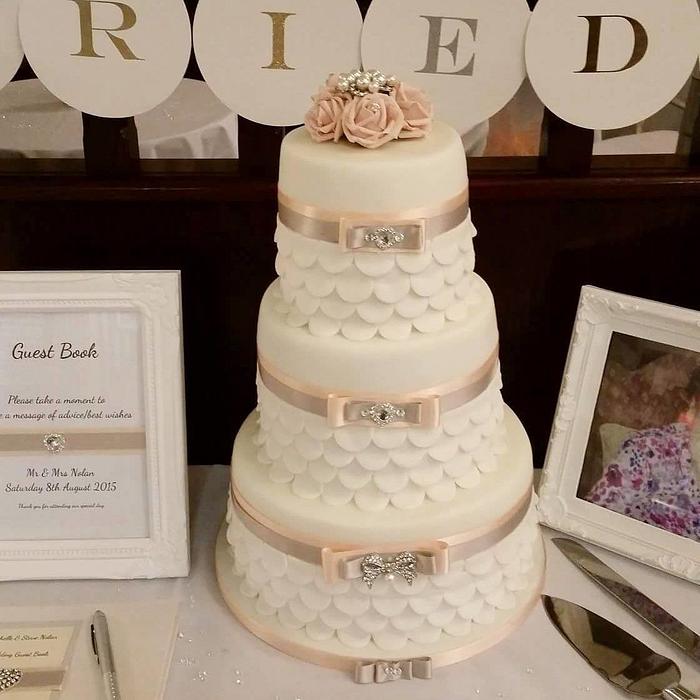 wedding cake peach and silver with personalised post box guest boox